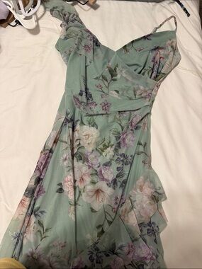 Emerald Sundae Mint Green Floral One-Shoulder Ruffle Dress